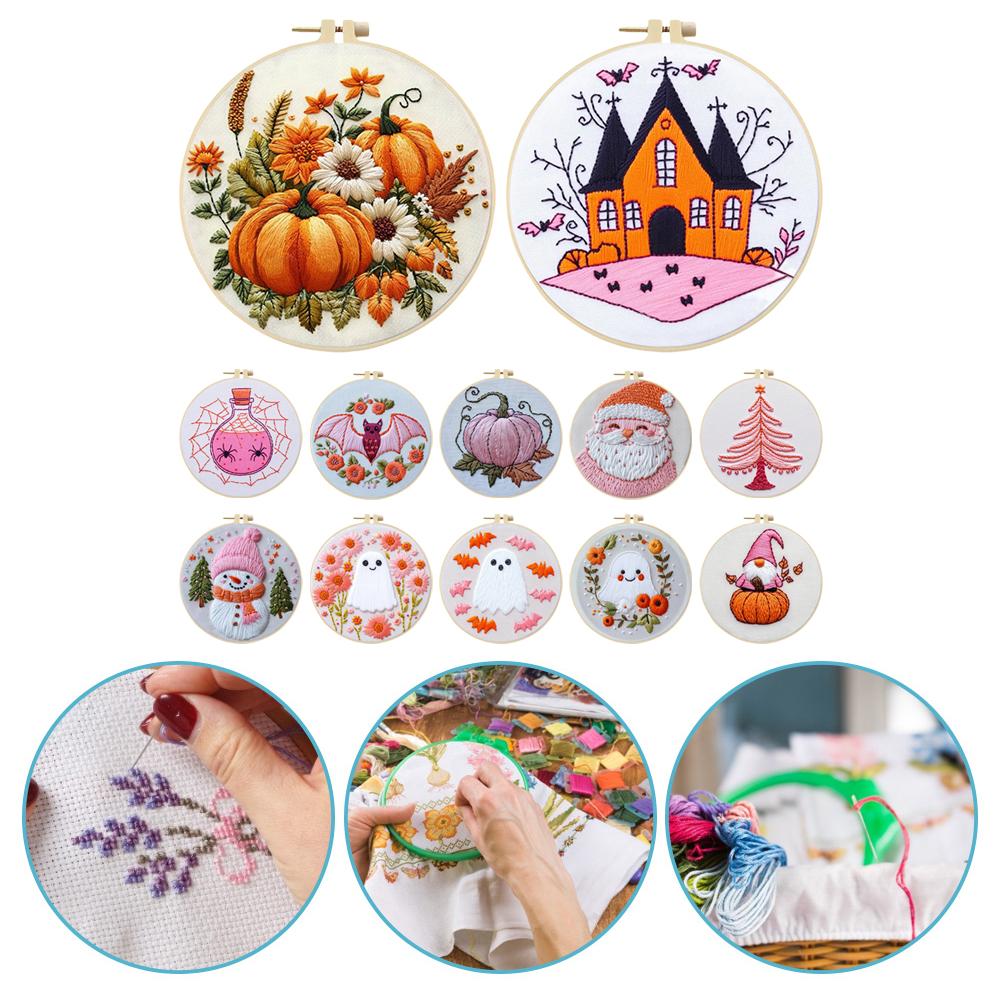 Halloweenské sady pro vyšívání křížkovým stehem s obručí, barevnou nití a látkou s potiskem