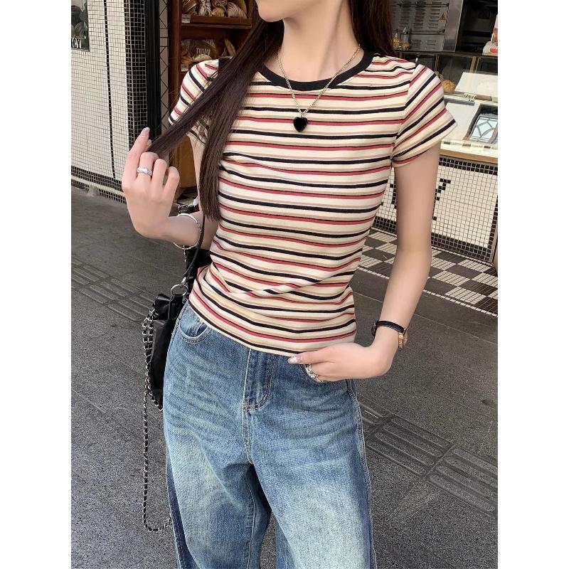 2026 Summer New Style Contrast Color Striped Short Sleeve T-Shirt for Women, Slim Fit and Versatile Top