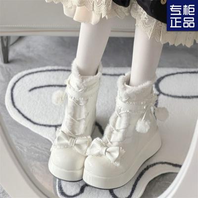 Sweet Hairball Bow Lolita Snow Boots 2025 New Thick-soled Plush Warm Cute Winter Cotton Boots