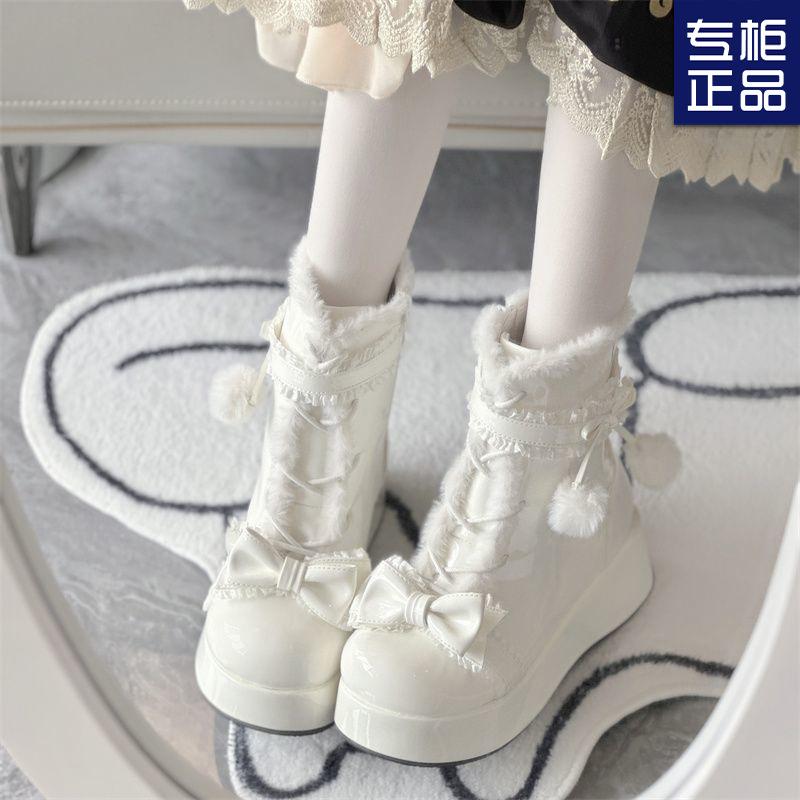 Sweet hairball bow lolita snow boots 2025 new thick-soled plush warm cute winter cotton boots