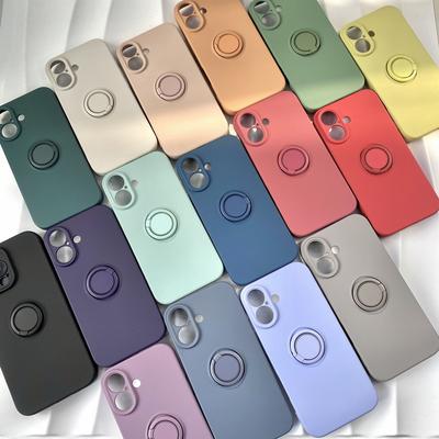 Einfarbige, weiche, matte Silikonhülle für iPhone 16 Pro 15 Pro Max 14 Plus 13 12 11 XS XR 8 7 Ringhalter Stoßfeste Telefonabdeckung mit Linsenschutz