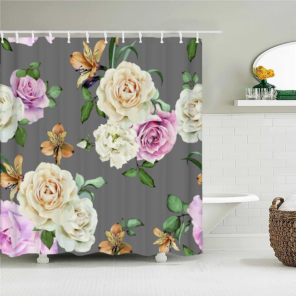 Flower Butterfly Tulip Bath Curtain Waterproof Fabric Shower Curtains Floral Leaf Bathtub Screen for Bathroom Home Decor