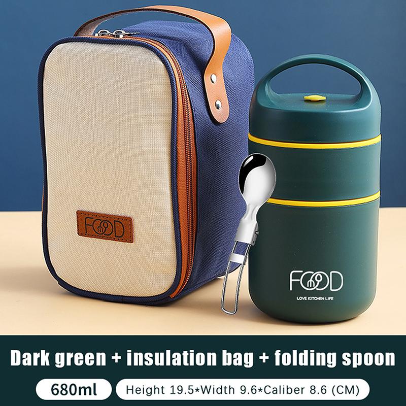 

Термокружка для каші з нержавіючої сталі, ізольована сумка для ланчу, підігрівач їжі, 680 мл, термос, чашка для супу, ланч-бокс для дітей, школа, вулиця зелений