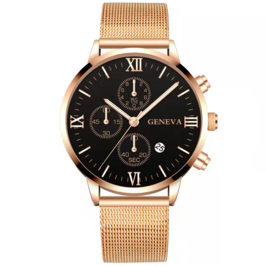 Mesh Belt Men With Calendar, Fake Three-Eye Business Leisure Boys Gift Quartz Watch