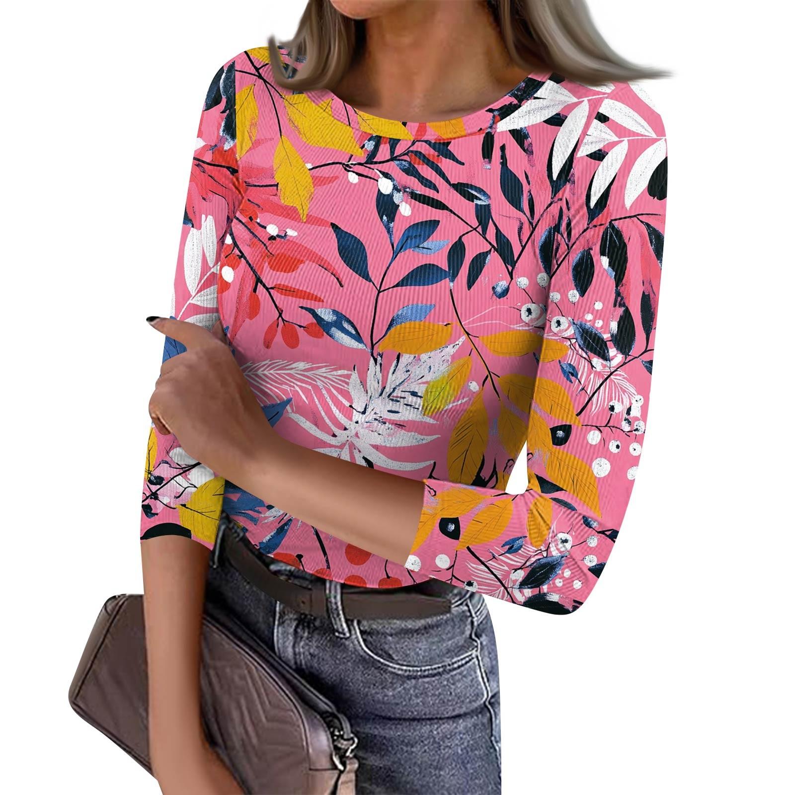 

Женская футболка с зауженным низом, модный повседневный пуловер с круглым вырезом и принтом, топ с семью рукавами M розовый