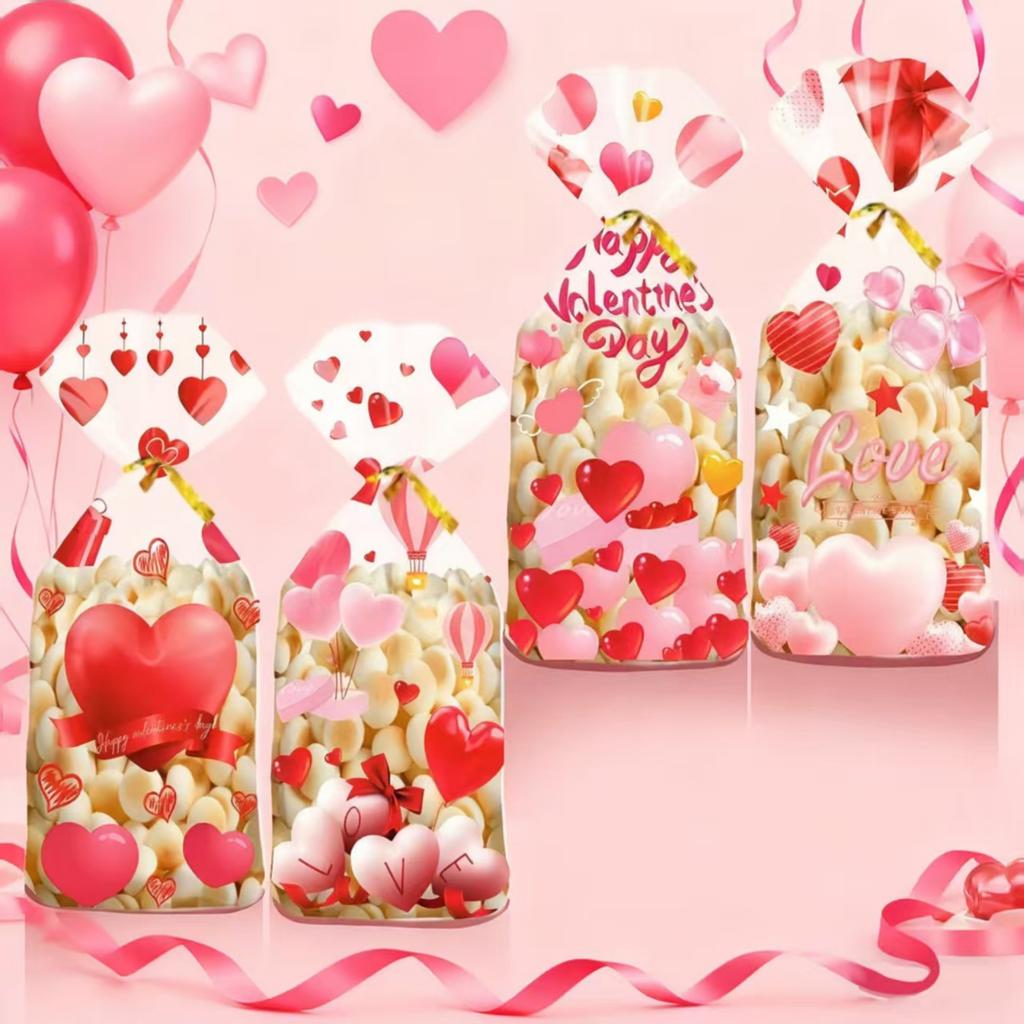 50Pcs Valentines Day Candy Bags Red Hearts Snacks Bags With Gold Ties Valentines Party Bags Happy Valentine’s Day Print Bags Wedding