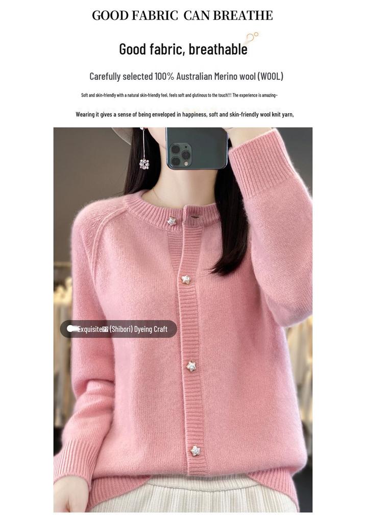 2023 Fall/Winter Women's Wool Cardigan: Stylish Round Neck, Loose Fit, Versatile Knitwear, Long Sleeve Sweater