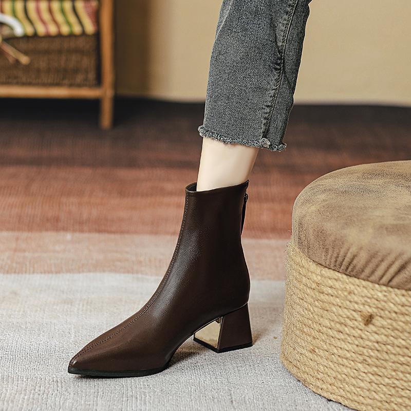 Coarse Heel Short Boots French Temperament High Heel Thin 2025 New Boots Brown Pointed Small Bare Boots Spring and Autumn Single Boots