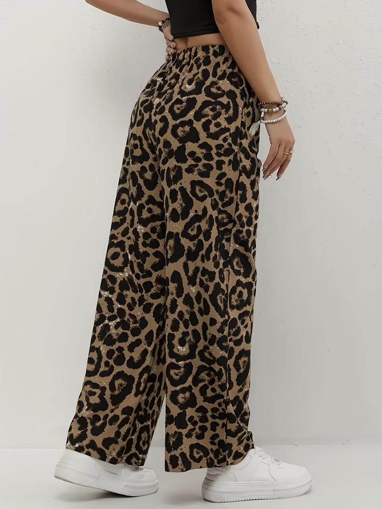 Women's Fashion Leopard Print Wide-Leg Pants with Elastic Waist