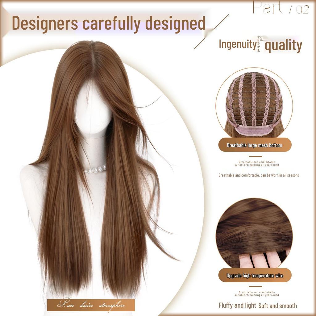 Women's Long Black Hime Cut Seamless Wig - Realistic Full Coverage, Age-Defying Straight Hair