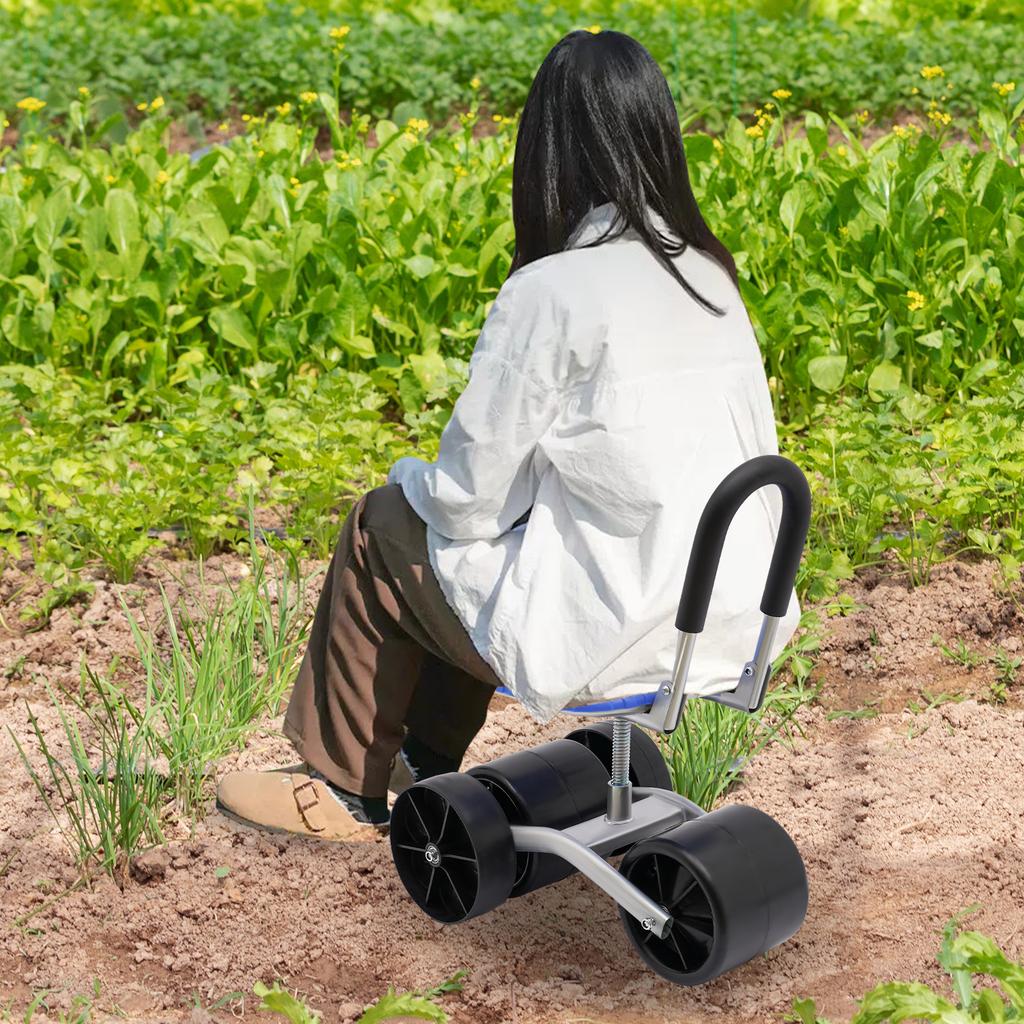 Sgabello da Giardino a Rotelle, Sedile da Lavoro con 4 Ruote, Carrello Sedile Stabile e Robusto, Altezza e Direzione Regolabili, Ginocchiere per Giardinaggio
