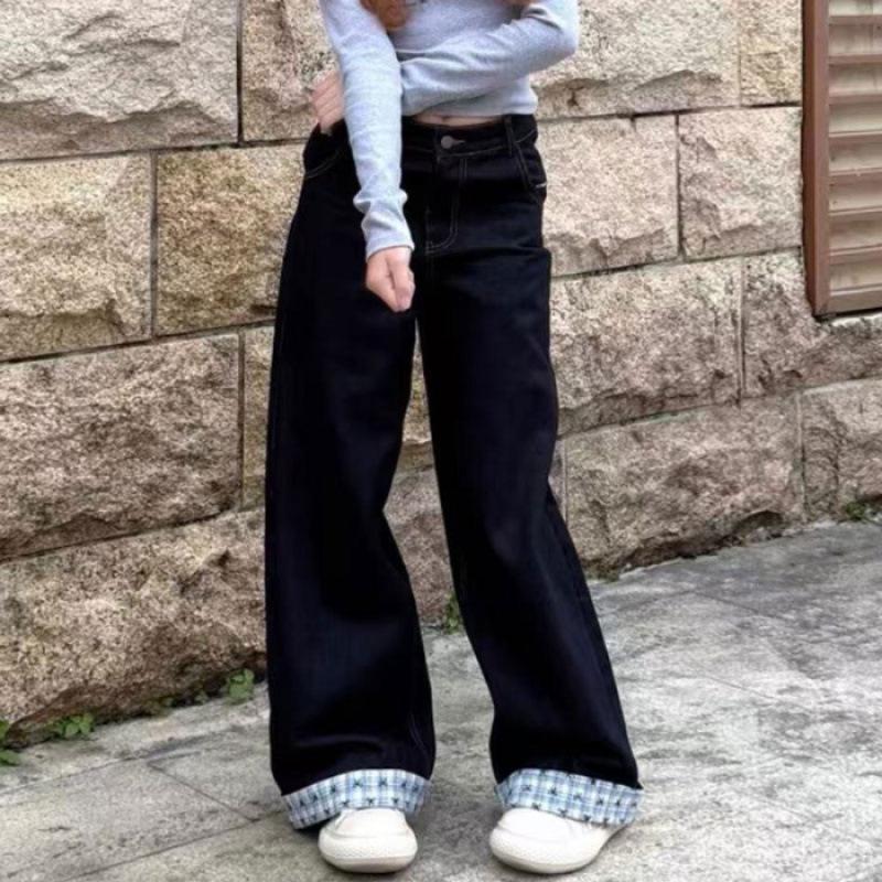 Plus Size Women s Wide-Leg Embroidered Denim Jeans with Bow & Plaid Hem XS темно-синий