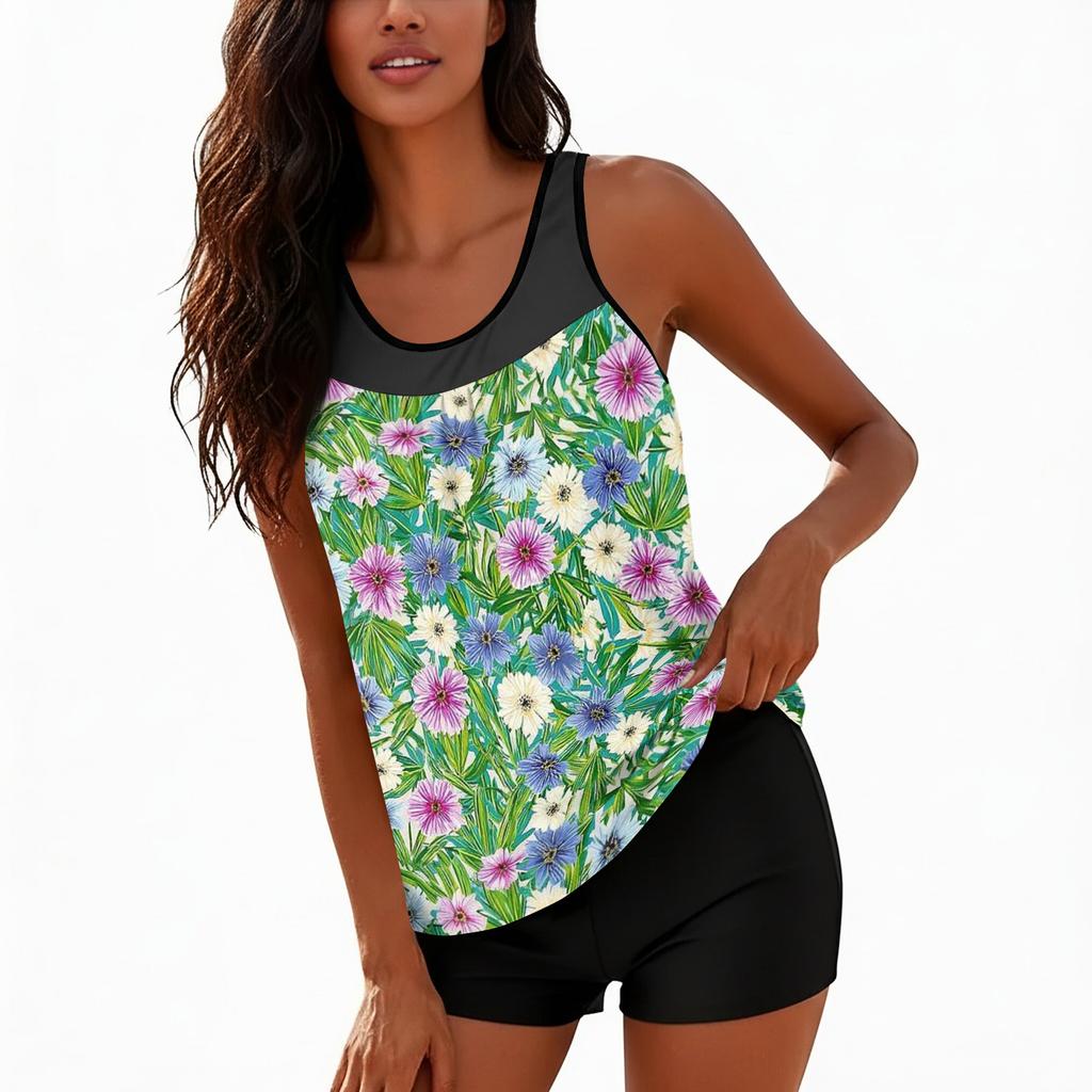 Women’s Sleeveless Tankini Set with Leaf Print Top and Solid Shorts for Swimming Beach and Pool Activities Comfortable Fit
