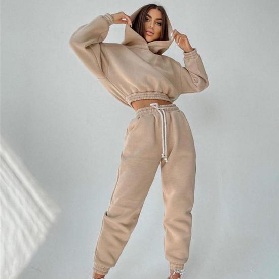 1 Set Sweatshirt Sweatpants Solid Color Elastic Waist Hooded Sportswear Autumn Winter Loose