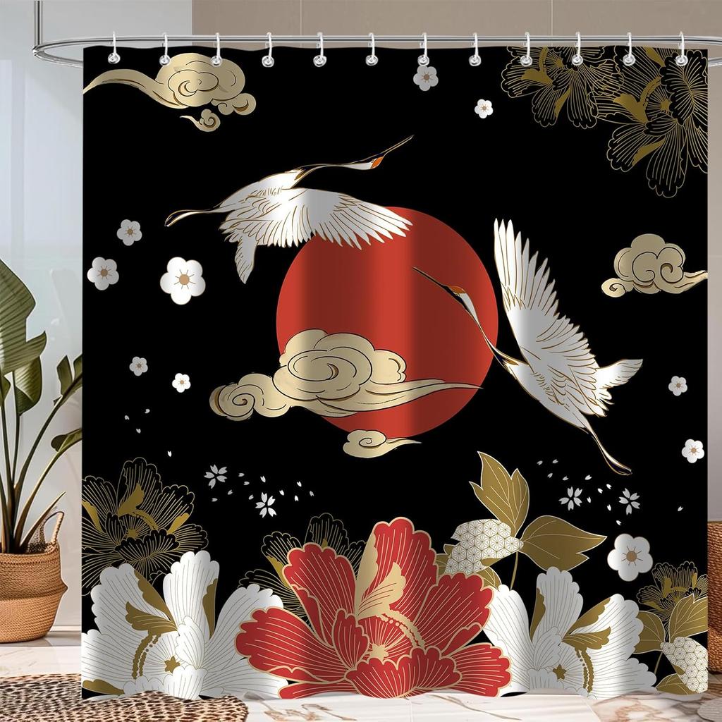 Japanese Shower Curtain, Black Gold Pine Tree Red Sun Abstract Asian Anime Shower Curtain Set For Bathrooom, Waterproof