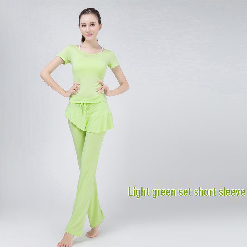 Women's Modal Yoga Set: Short Sleeve Top & Ruffle Hem Skirt with Chest Pad.