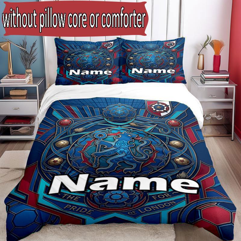 3pcs Duvet Cover Set (1*Duvet Cover + 2*Pillowcase, Without Core), Custom Name Chelsea Football Club Pattern Bedding Set, Home Bedroom Decor Gift