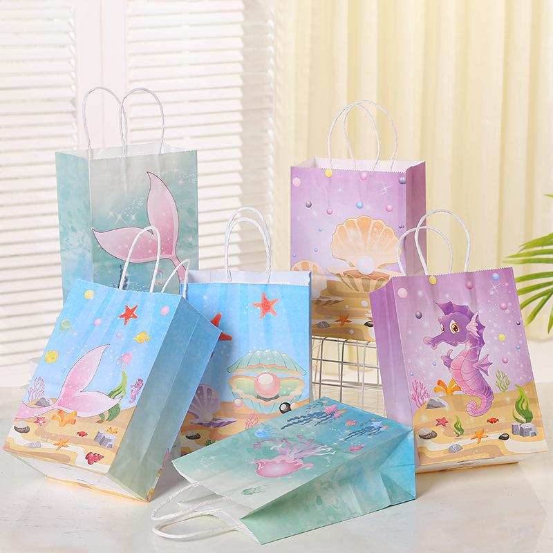 Mermaid Party Gift Packing Bags Cartoon Under The Sea Party Kraft Paper Bag Jellyfish Little Mermaid Girl Birthday Party Decor