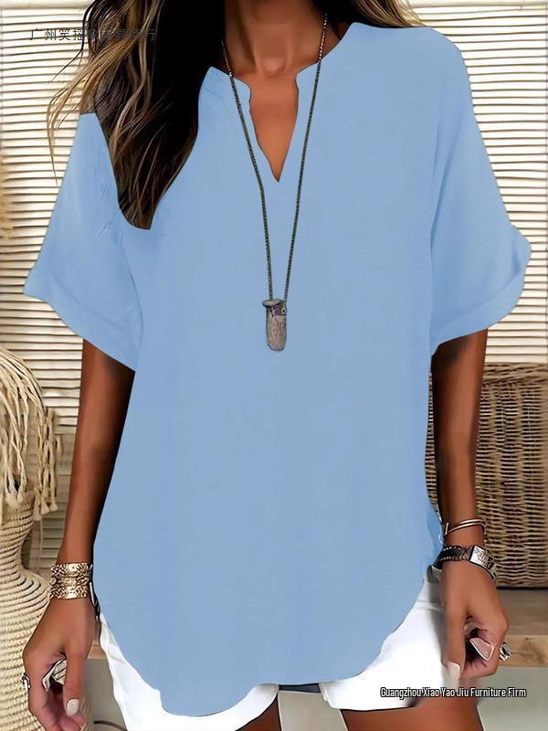 Women's Summer Loose Solid V-Neck Casual Shirt