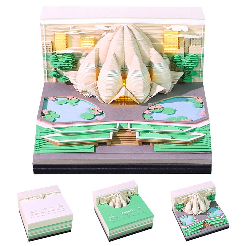 Time Piece Calendar 2026 Desk Calendar With Led Light 3D Tear-Away Calendar Paper Carving Art Memo Pad Notepad Gift Christmas