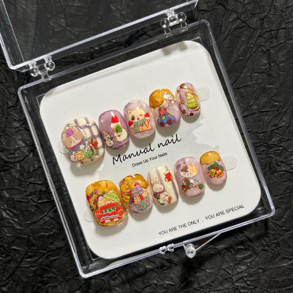 Christmas Collection: Cute Cartoon Girl Wearable Nail Stickers, Handmade & Removable