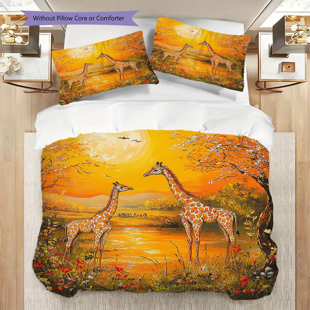 Grassland Giraffe Pattern Bedding Quilt Set Quilt Cover Pillowcase Home Decoration Birthday Gift (1 * Duvet Cover + 2 * Pillowcase, Without Core)