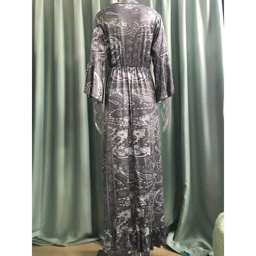 Langes Urlaubskleid im Bohemian-Stil mit Glockenärmeln, V-Ausschnitt und hoher Taille für Damen