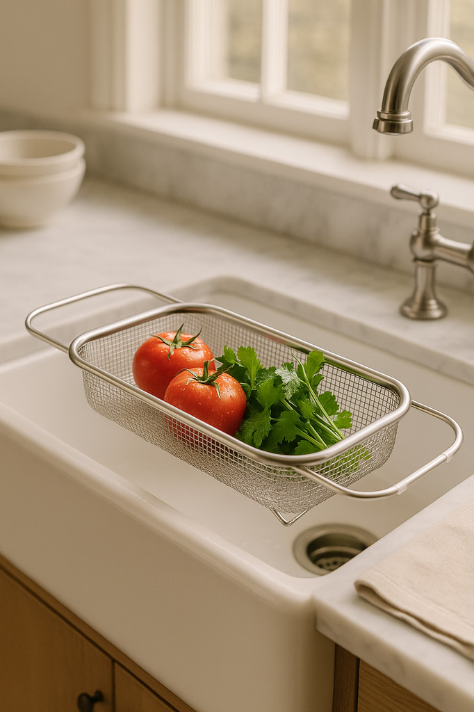 Gootsteenafdruiprekmand van roestvrij staal uitbreidbare gootsteenvergietzeefmand voor groenten, fruit, pastagerechten