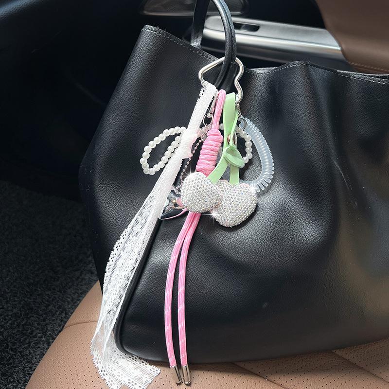 Cherry Heart Bow Beaded Handbag Pendant Cute Bag Pendant Decoration For Girls Gift