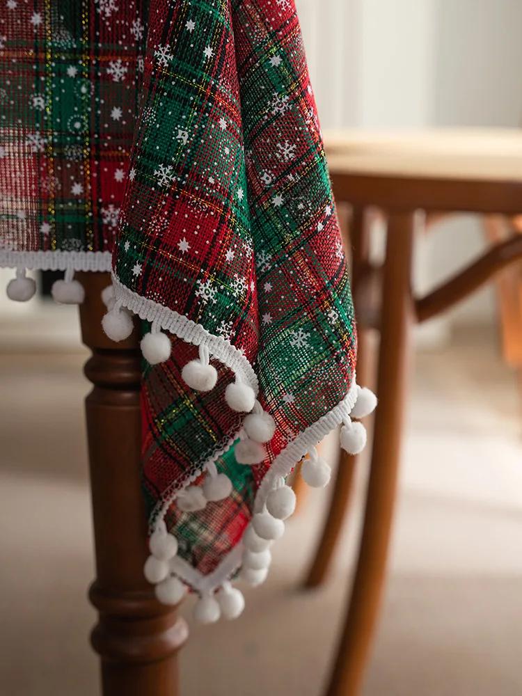 Christmas Tablecloth Green Plaid Snowflake Cotton Linen Rectangular Table Cover New Year Gifts Dining living room Table Decor