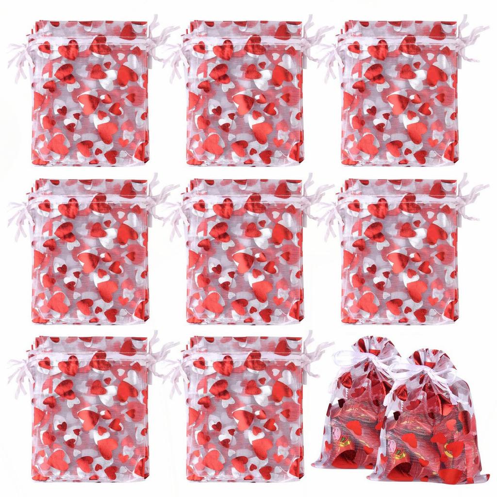 50/100Pcs Valentine's Day Wedding Party Gift Bags Love Heart Drawstring Organza Candy Cosmetic Jewelry Beads Packaging Pounches