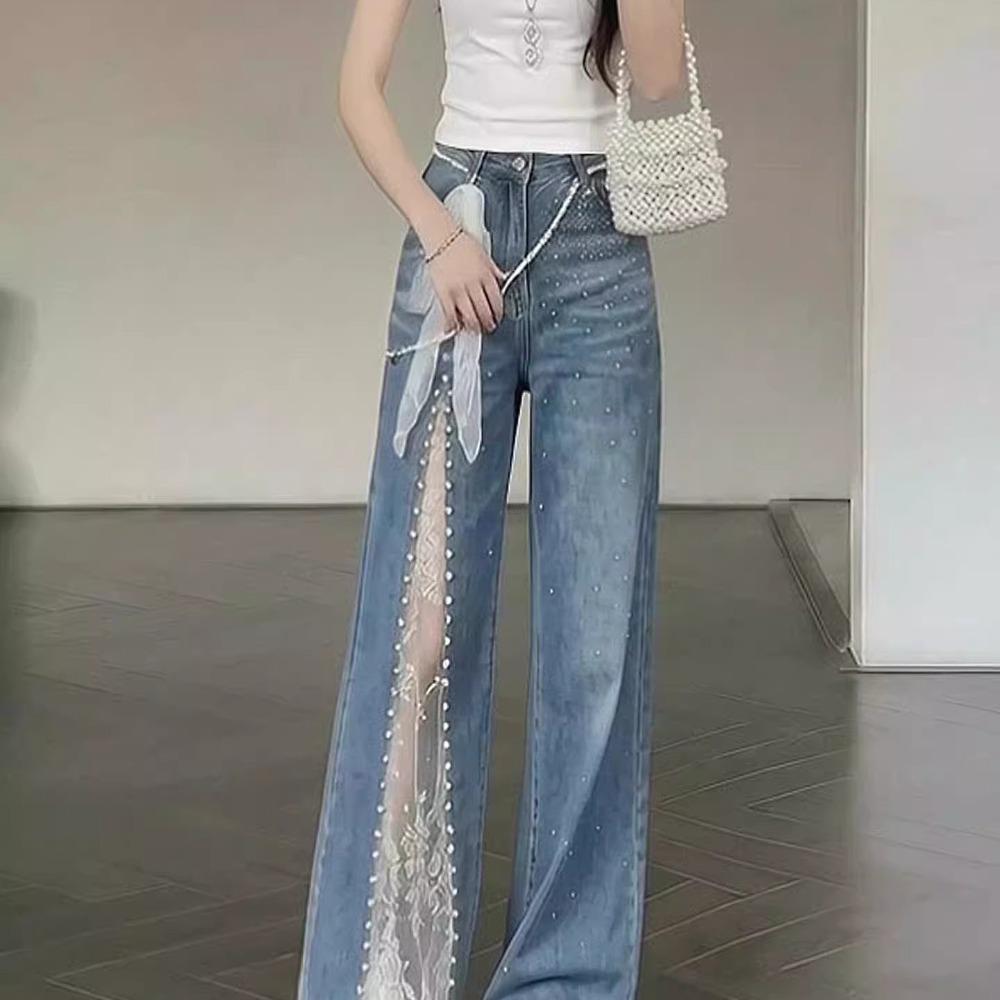 Women's High Waist Wide Leg Jeans Lace Patchwork Rhinestone Decor Loose Denim Pants
