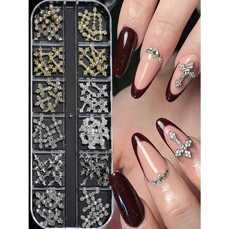 12Grids/Box Y2K Cross Mixed Style 3D Nail Art Rhinestone,Punk Gothic Alloy Cross Nail Decoration,Mixed 3D Nail Art Decoration For Manicure Supplies