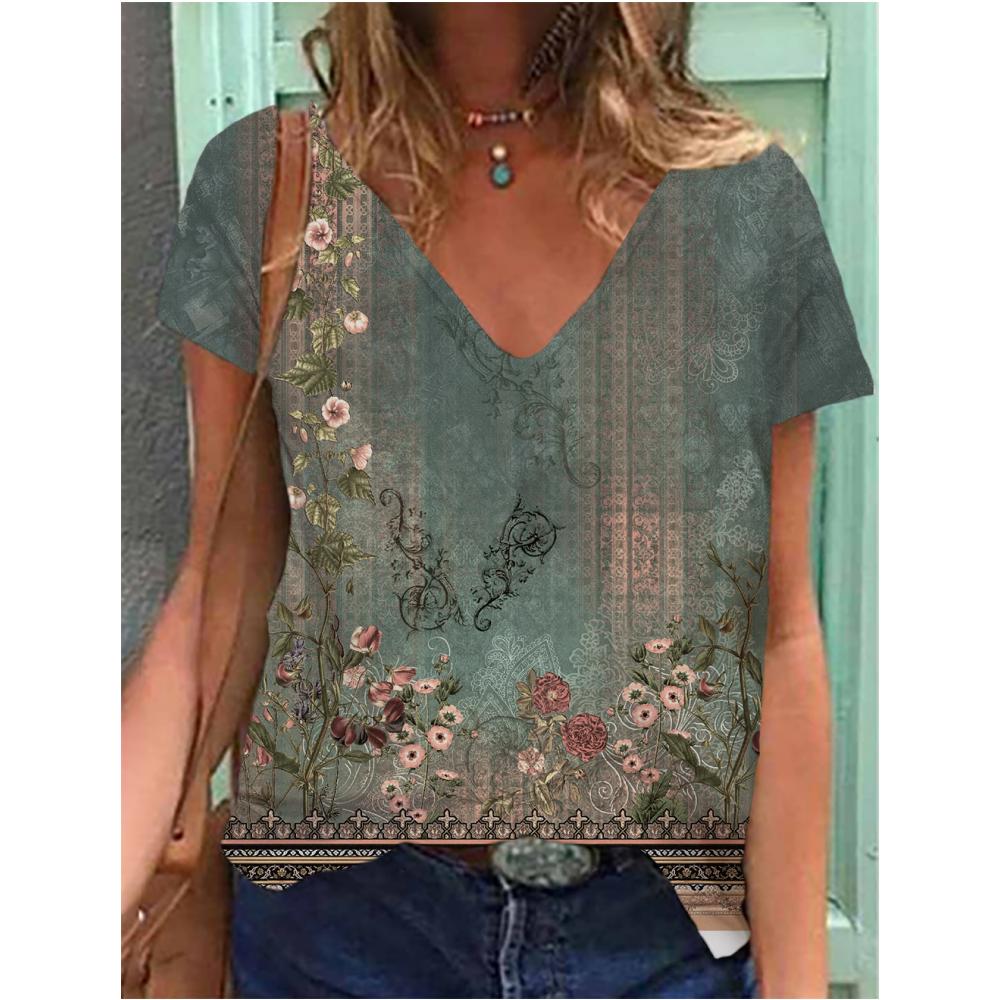 Dam T-shirt Sommar Gradient Grafiskt Tryck Blus V-ringning Mode Dam Retro Kläder Blommig Tryck T-shirt Damkläder