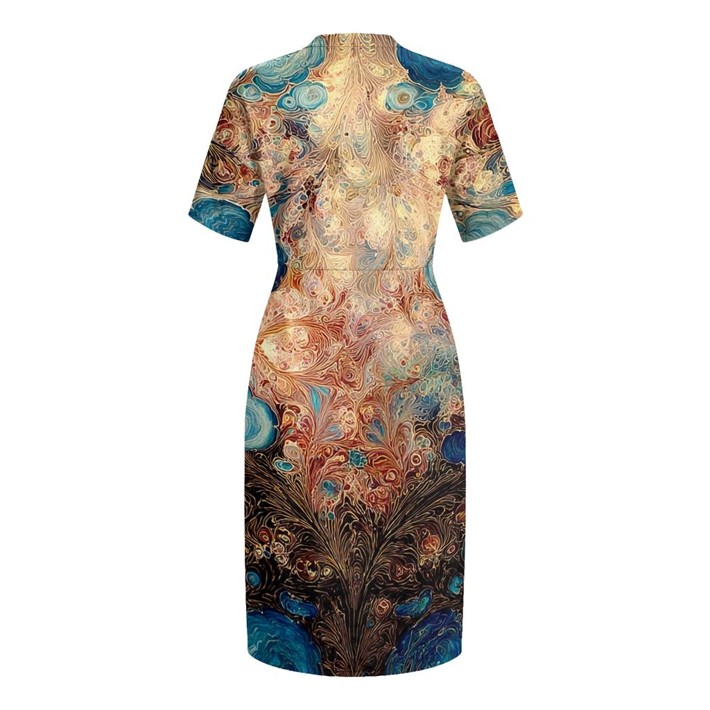 Summer Plus Size V Neck Short Sleeve Knee Pocket  Print Casual Dress For Women