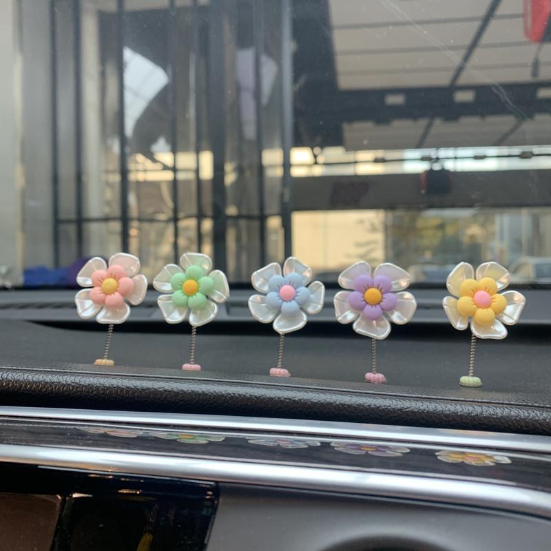 5PCS Macaron Flower Car Console Decoration Cute Fresh Healing Shaking Head Design New Car Interior Accessories