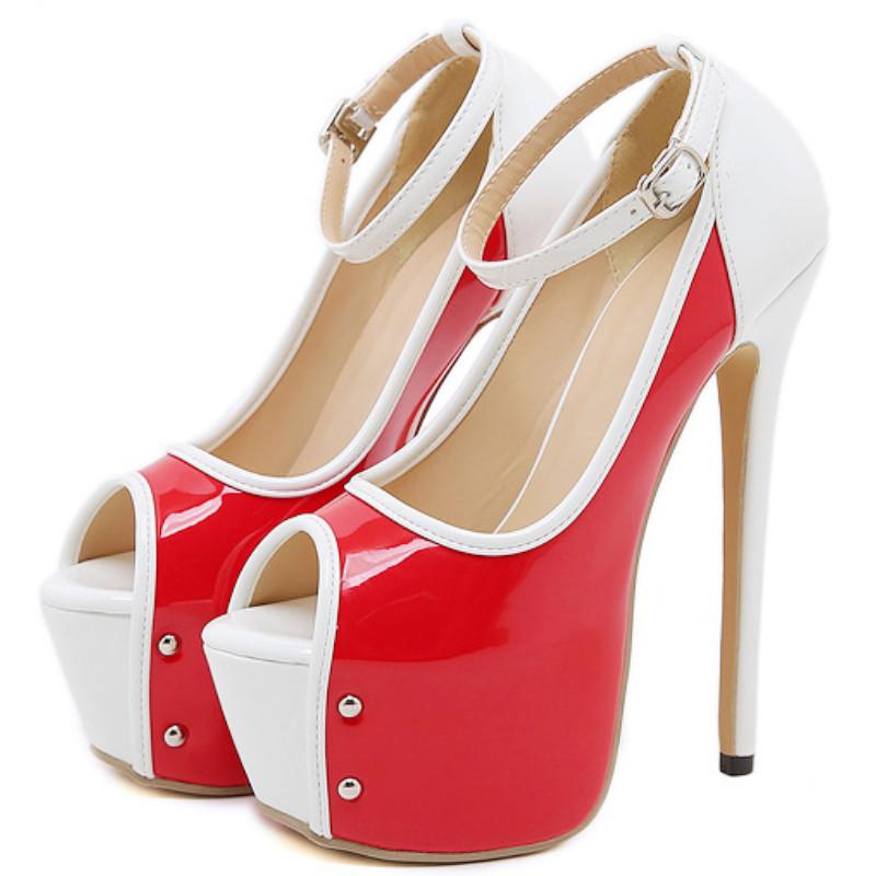 Fashion Patchwork Buckle Slide Sandals Women 16 Cm Super High Heel Large Size Women Sandals Comfortable Patent Leather Party Dress Shoes