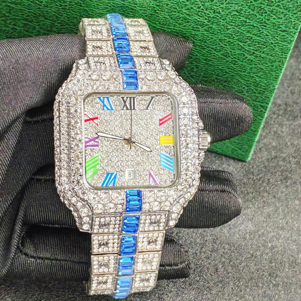 Men Quartz Watch Fashion Rainbow Digital Rome Dial Calendar Waterproof Hip Hop Diamond Wristwatch For Man Gift