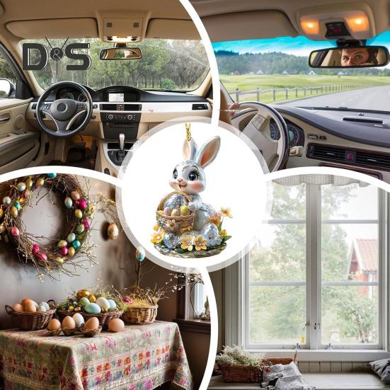1/3Pcs Easter Cartoon Bunny Hanging Decorations with Lanyard Easy To Hang 2D Acrylic Ornaments Rearview Mirror Pendants
