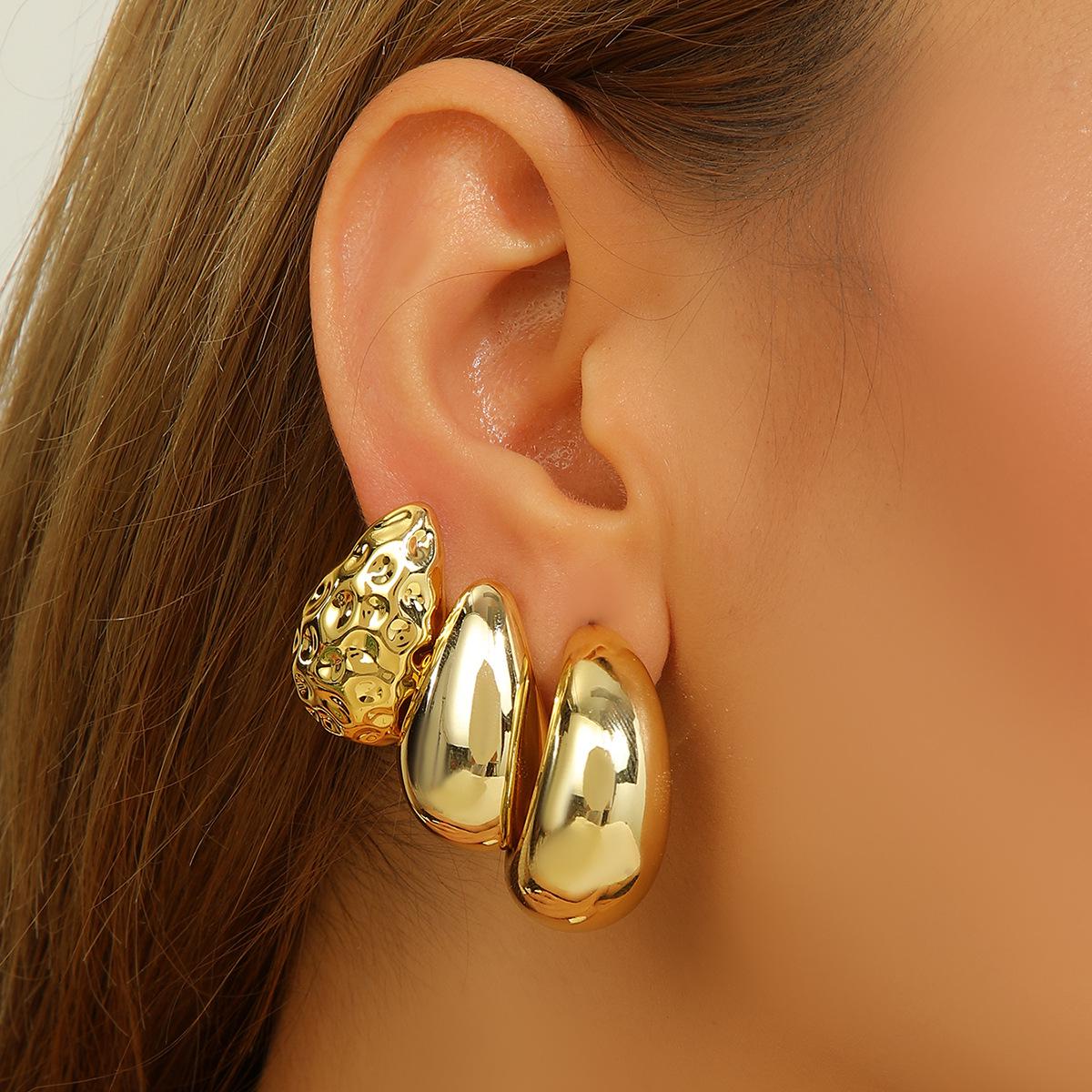 European & American Geometric Gold Earrings Set: 3-Piece Irregular Hollow Design for Women
