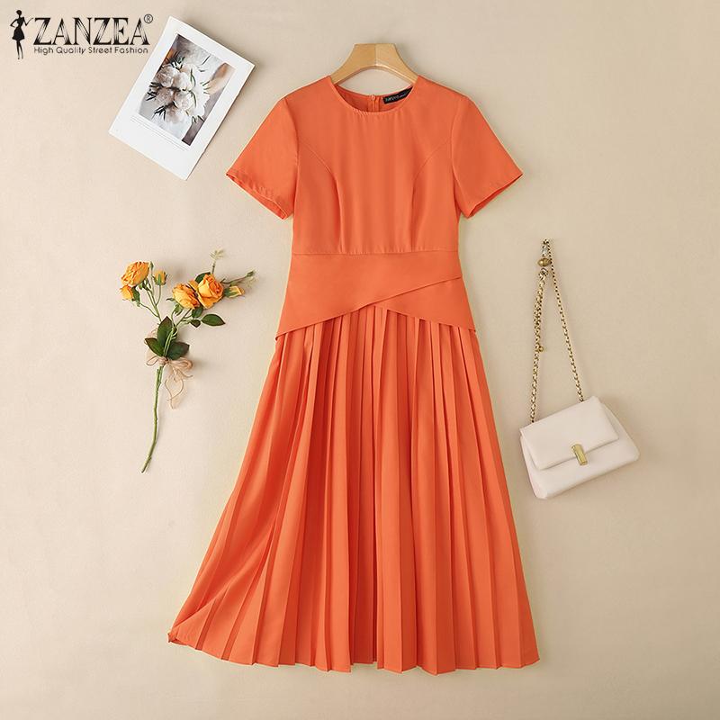 ZANZEA Rochie de vară lejeră cu mânecă scurtă și guler rotund, casual, pentru femei