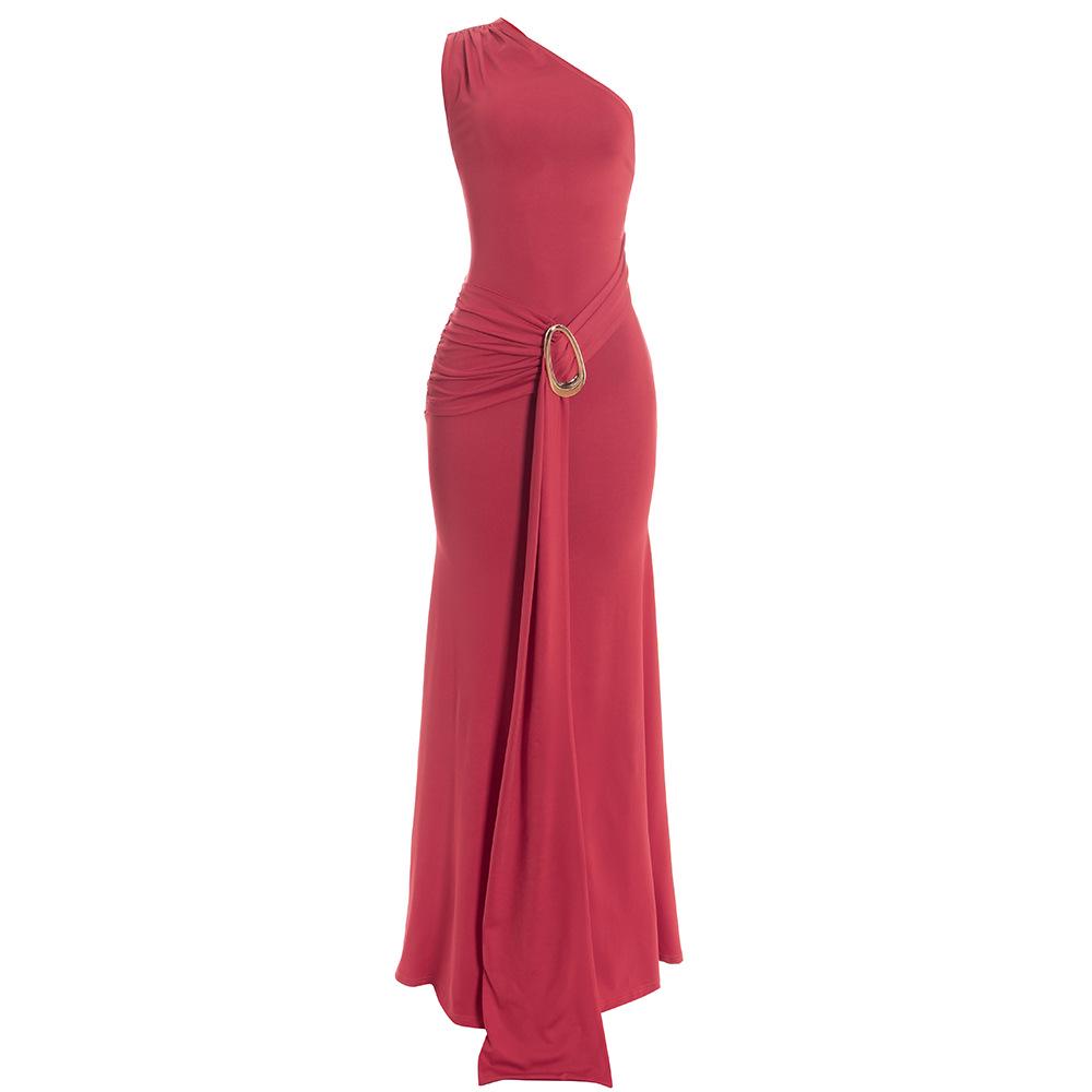 Европейское и американское трансграничное облегающее платье-футляр с открытыми плечами и металлическими акцентами Small красный