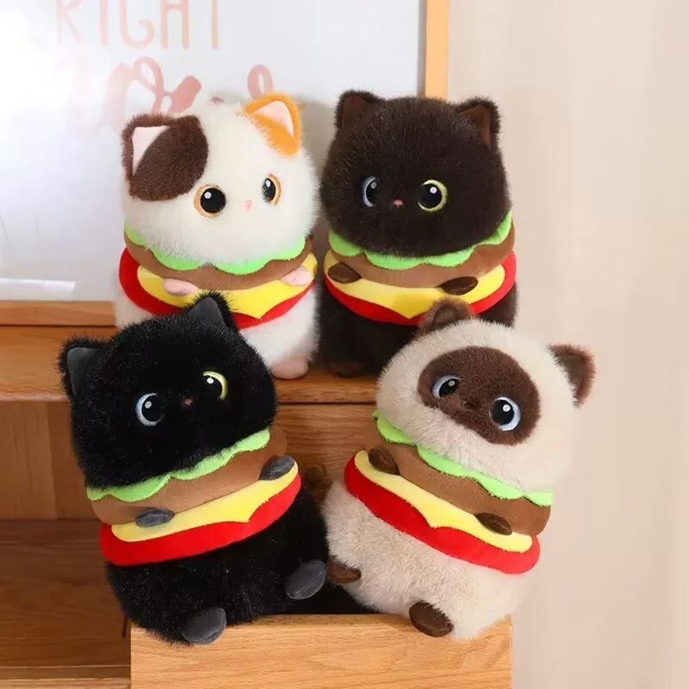 Cartoon Cat Stuffed Animal Pillow Soft Kitty Plush Doll Hamburger Cat Plush Toy Sleeping Companion
