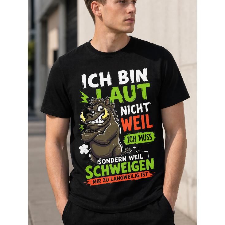 Men's black short-sleeve crew neck t-shirt with bold cartoon boar graphic and German text, soft cotton feel, relaxed fit for casual streetwear or
