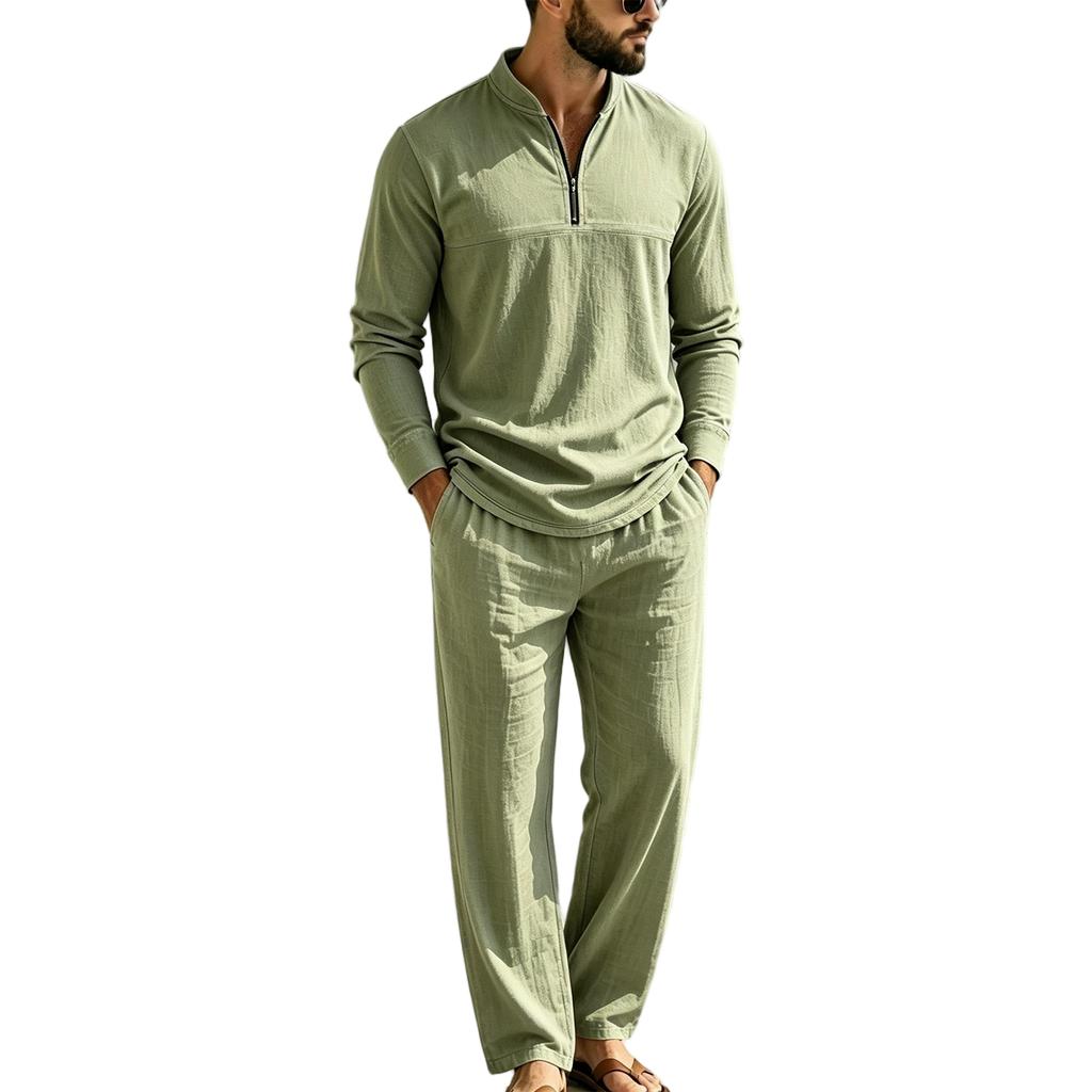 Men's Linen Two Piece Set Long Sleeve Shirt and Pants Casual Loose Fit Outfit