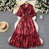 Lightly Mature Elegant Dress Women's French Fancy Bows Shoelace Puff Sleeves Waist Trimming Ruffles Printed Dress