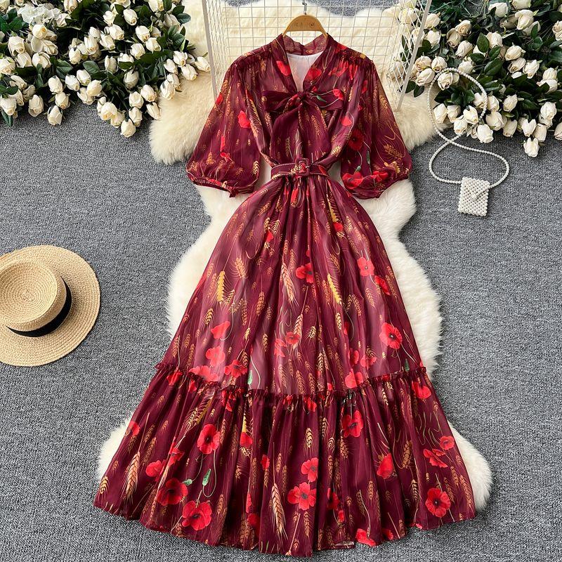 Lightly Mature Elegant Dress Women's French Fancy Bows Shoelace Puff Sleeves Waist Trimming Ruffles Printed Dress