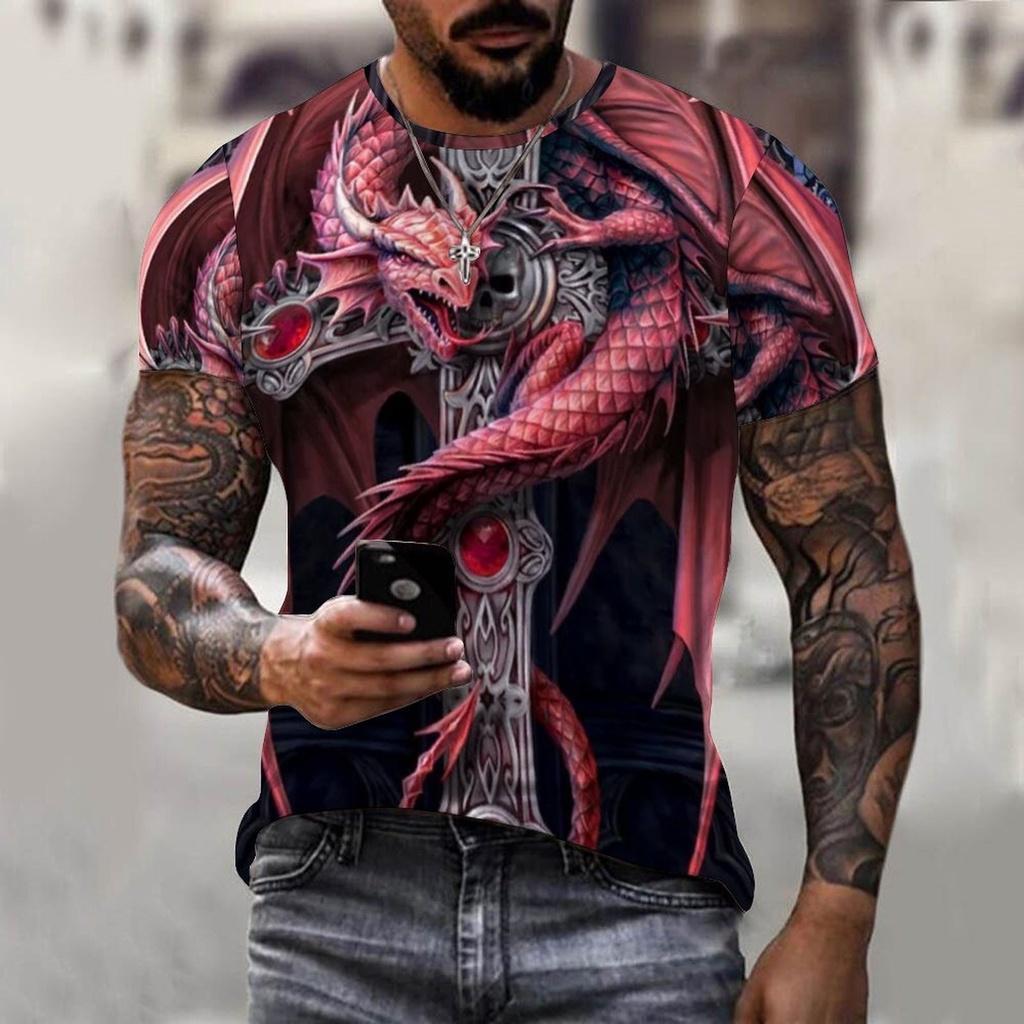 Summer 3D T-shirt Viking Tattoo Dragon Super Hot Large Men's T-shirt Short Sleeve Polyester Casual Hip Hop Top