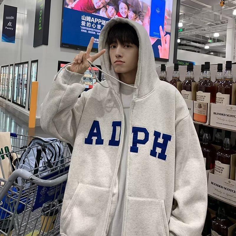 

Korean Style Men s Harajuku Loose Fit Zipper Hoodie - Youth Popular Plus Velvet Casual Autumn/Winter Cardigan M світло-сірий колір