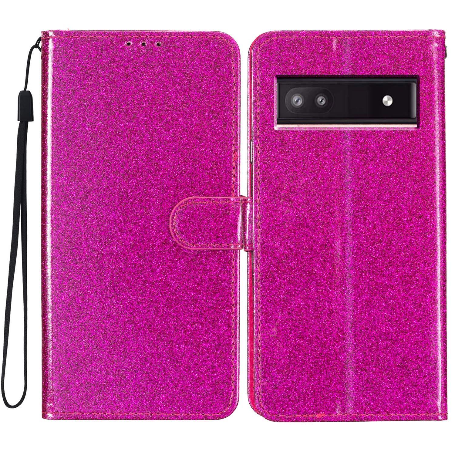 

For Google Pixel 8a Case Shiny Leather Glitter Flip Stand Phone Cover Rose